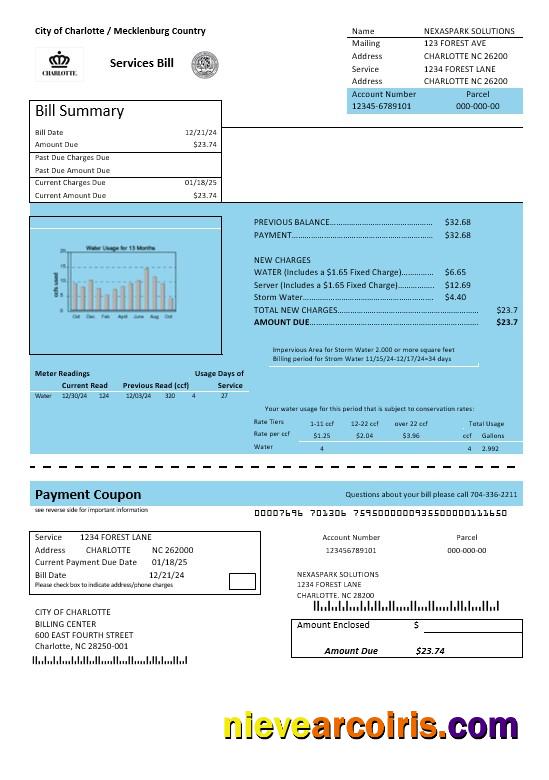 USA North Carolina City of Charlotte water business utility bill